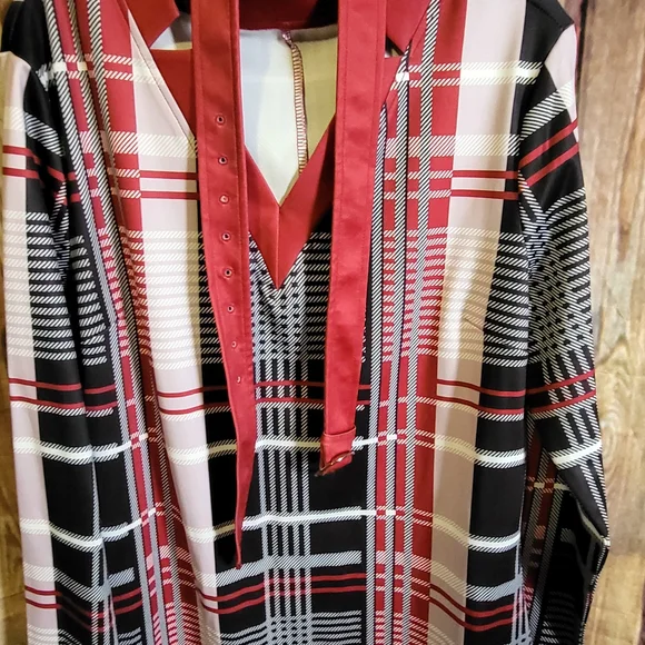 Plaid V-Neck Dress - Red and Black - Picture 3 of 4